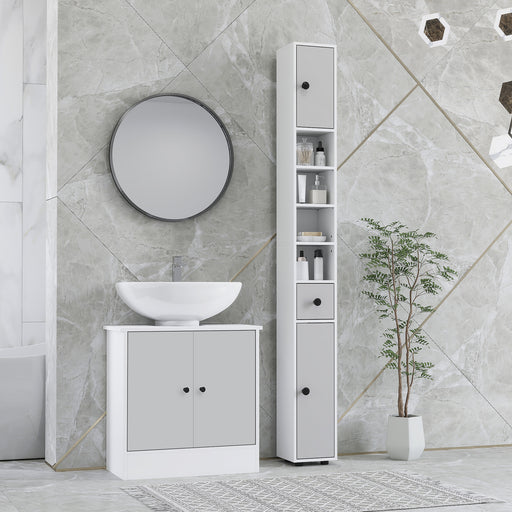 Slim 180cm Light Grey Bathroom Cabinet with Drawer Shelves and Cupboards for Extra Storage