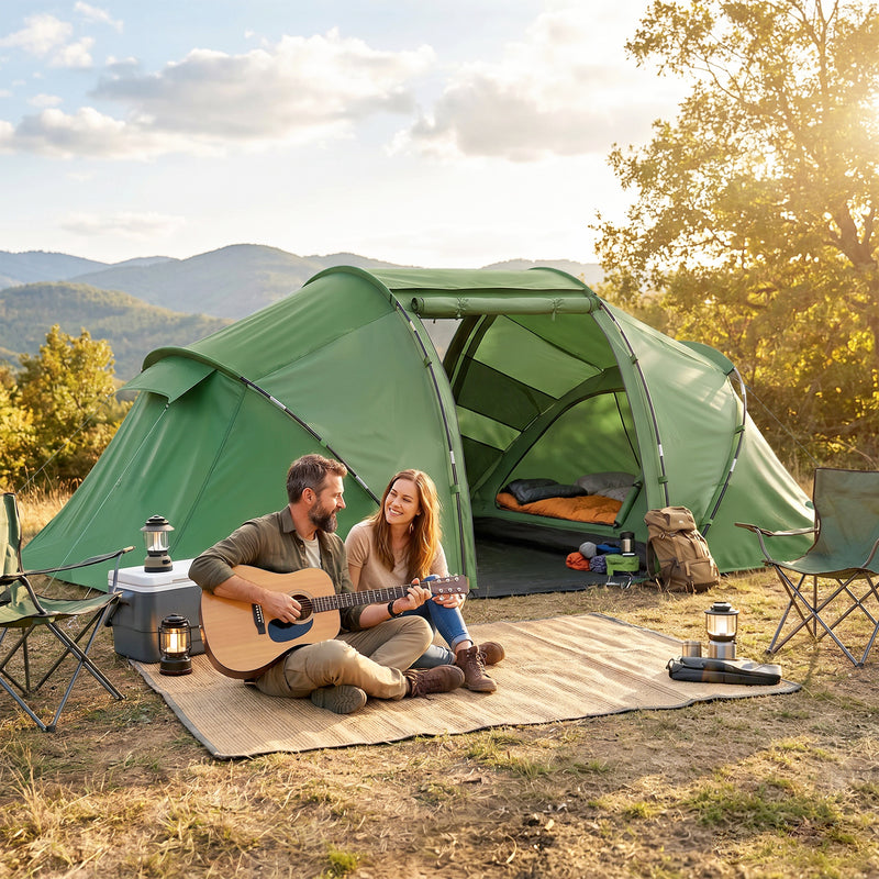 Outsunny 4 Man Camping Tent, UV Protection Tunnel Tent with 2 Bedrooms and Living Area, Large Hiking Sun Shelter, 430 x 240 x 170 cm, Dark Green