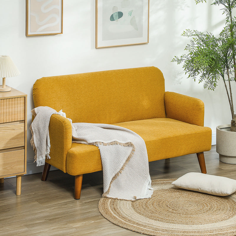 Yellow 2 Seater Velvet Feel Sofa With Thick Padding and Wooden Legs by HOMCOM