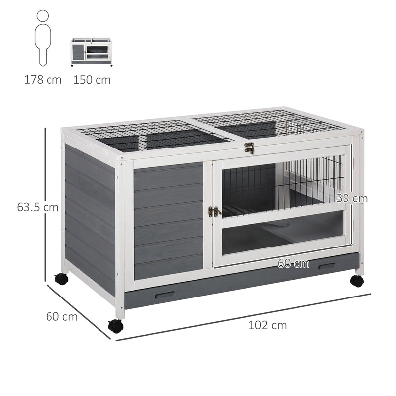 Elevated Wooden Rabbit Hutch with Slide Out Tray for Indoor Use Guinea Pig Cage Grey AOSOM