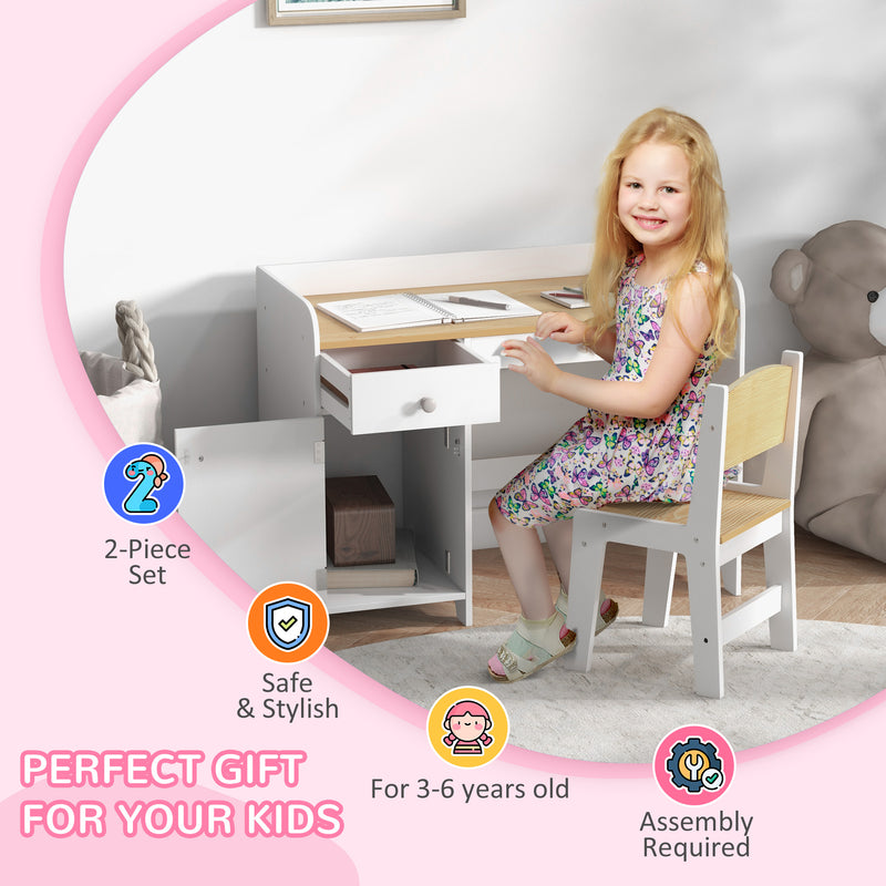 Kids Study Desk and Chair Set with Storage Drawer Ideal for Ages 3 to 6, White
