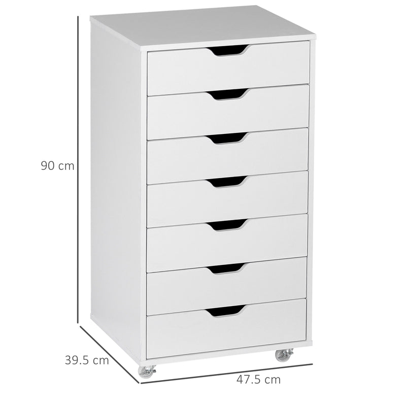 Mobile 7 Drawer Office Filing Cabinet With Smooth Rolling Wheels For Storage, White