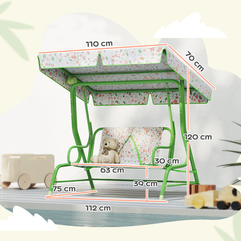 Kids 2 Seater Garden Swing Chair with Adjustable Canopy and Safety Belt in Green by AIYAPLAY