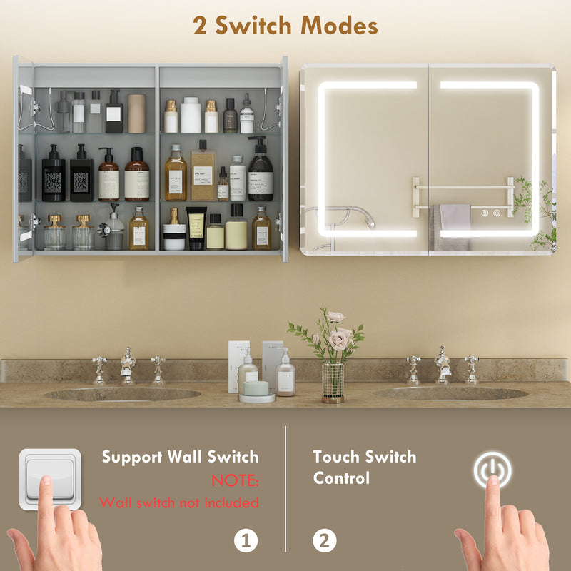 Bathroom Mirror Cabinet with Adjustable LED Lights and Demister Pad for Organised Storage Silver