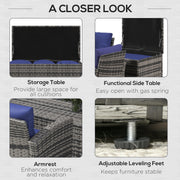 6 Seater Rattan Garden Furniture Set With Cushions and Storage Tables Grey With Navy Blue by Outsunny