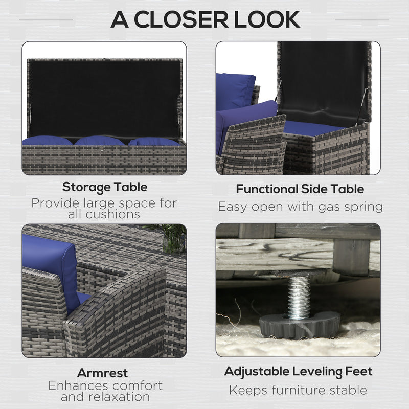 6 Seater Rattan Garden Furniture Set With Cushions and Storage Tables Grey With Navy Blue by Outsunny