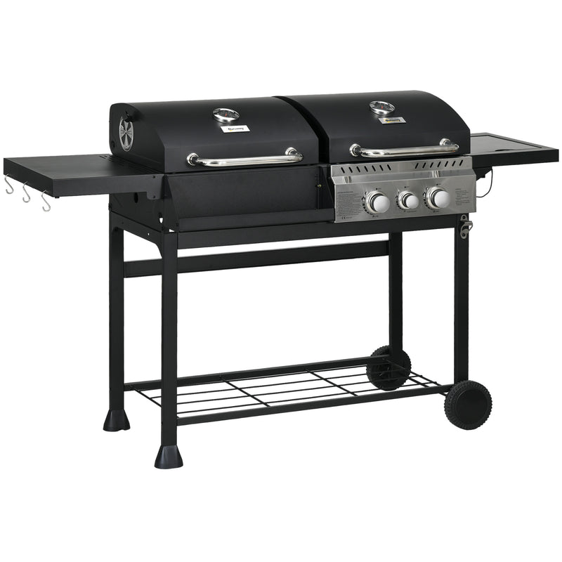 Dual Fuel BBQ Grill Charcoal and Gas with Lid and Side Shelves Black by Outsunny