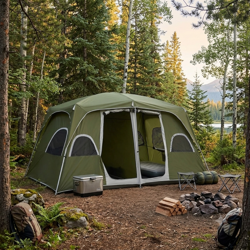 Family Camping Tent with Removable Divider for Private Sleeping & Living Areas Green