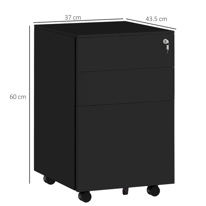 Steel Mobile Filing Cabinet 3 Drawers with Lock and Wheels Fits A4 and Legal, Black