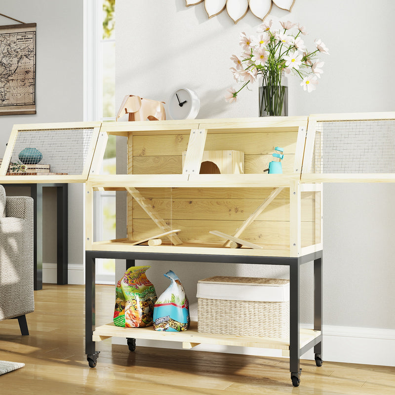 Wooden Indoor Hamster Cage with Storage Shelf Wheels Ramps Water Bottle Hut and Seesaws by PawHut