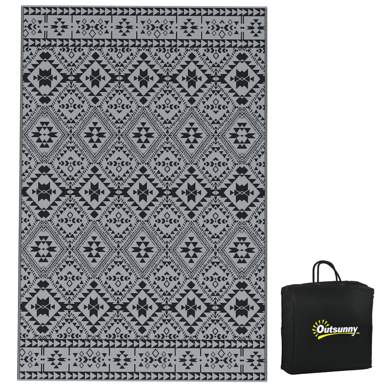 Reversible Black and Grey Outdoor Rug 182 x 274cm with Carry Bag for Garden or Camping