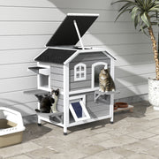 2 Storey Wooden Outdoor Cat House With Escape Door And Roof Access, Grey