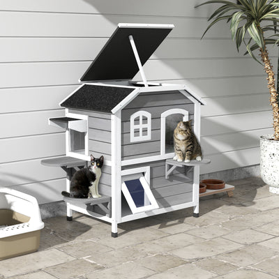 2 Storey Wooden Outdoor Cat House With Escape Door And Roof Access, Grey