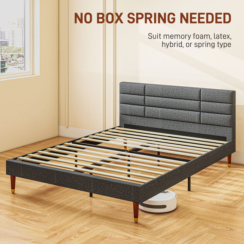 Upholstered King Size Bed Frame with Padded Headboard and Slatted Base Grey