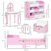 5 Piece Kids Princess Bedroom Furniture Set With Bed Storage and Dressing Table Pink AOSOM