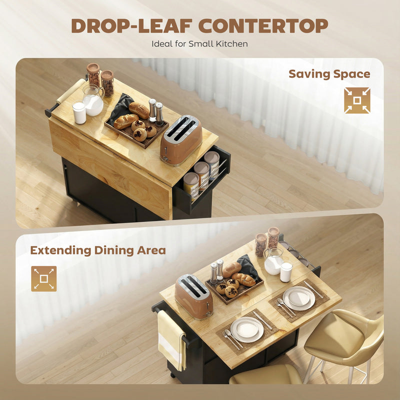 Black Mobile Kitchen Island Trolley With Drop Leaf, Storage Shelves, Drawers, and Rubber Wood Counter Top For Easy Meal Prep