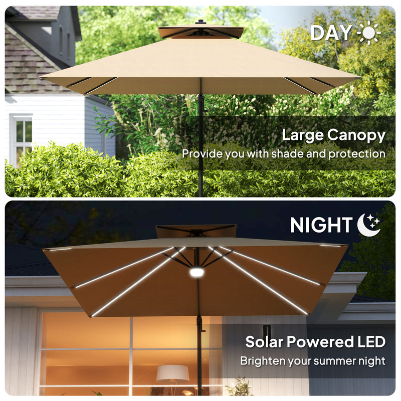 2.5m Cantilever Parasol with Solar LED Lights 360Â° Rotation and Crank Handle Khaki by Outsunny