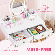 Kids Vanity Table and Chair Set with LED Mirror and Storage for Ages 3 and Up White AOSOM