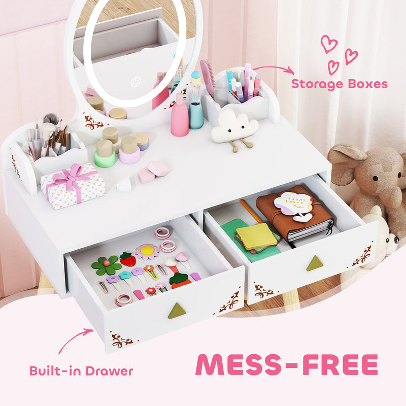 Kids Vanity Table and Chair Set with LED Mirror and Storage for Ages 3 and Up White AOSOM