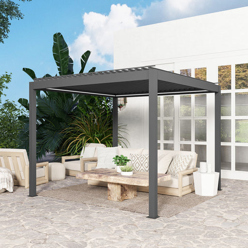 3 x 3m Aluminium Pergola with LED Lights Adjustable Electric Louvered Roof and Drainage by Outsunny