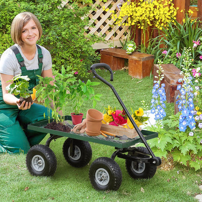 Heavy Duty Garden Trolley Cart With Pneumatic Wheels And Steel Frame For Outdoor Use Green AOSOM