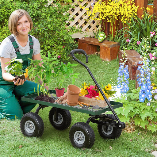 Heavy Duty Garden Trolley Cart With Pneumatic Wheels And Steel Frame For Outdoor Use Green AOSOM