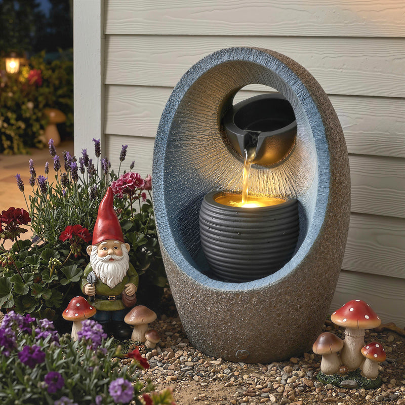 Water Fountain for Small Gardens and Balconies with LED Light and Soothing Waterfall Grey AOSOM