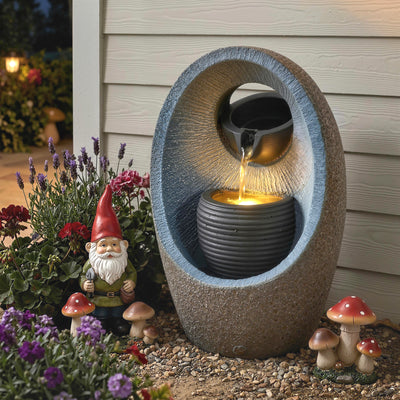 Water Fountain for Small Gardens and Balconies with LED Light and Soothing Waterfall Grey AOSOM