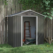 Image of a small grey metal outdoor garden storage shed with apex roof