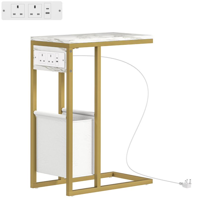 White C Shaped Side Table with USB Charging Station and Faux Marble Top for Living Room