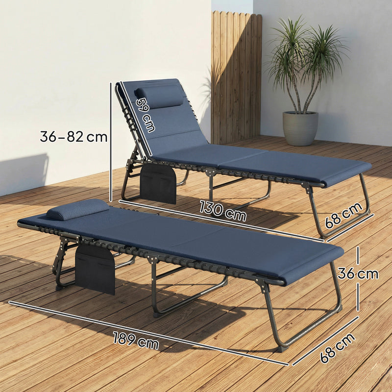 Set of 2 Adjustable Folding Sun Loungers with Side Pockets for Garden Relaxing Dark Blue