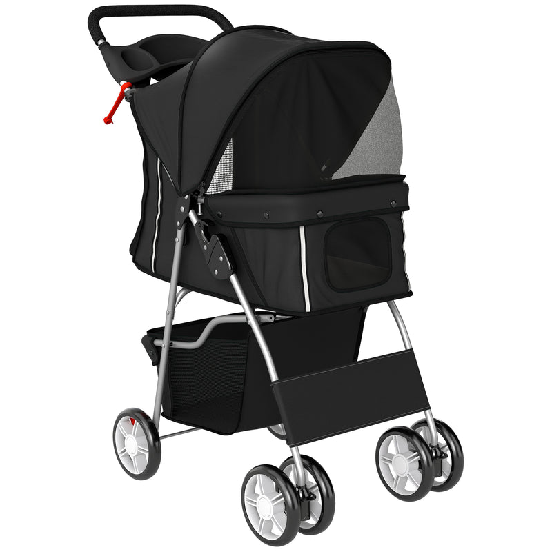 Foldable Pet Stroller With 360 Degree Swivel Wheels And Reflective Strips, Black