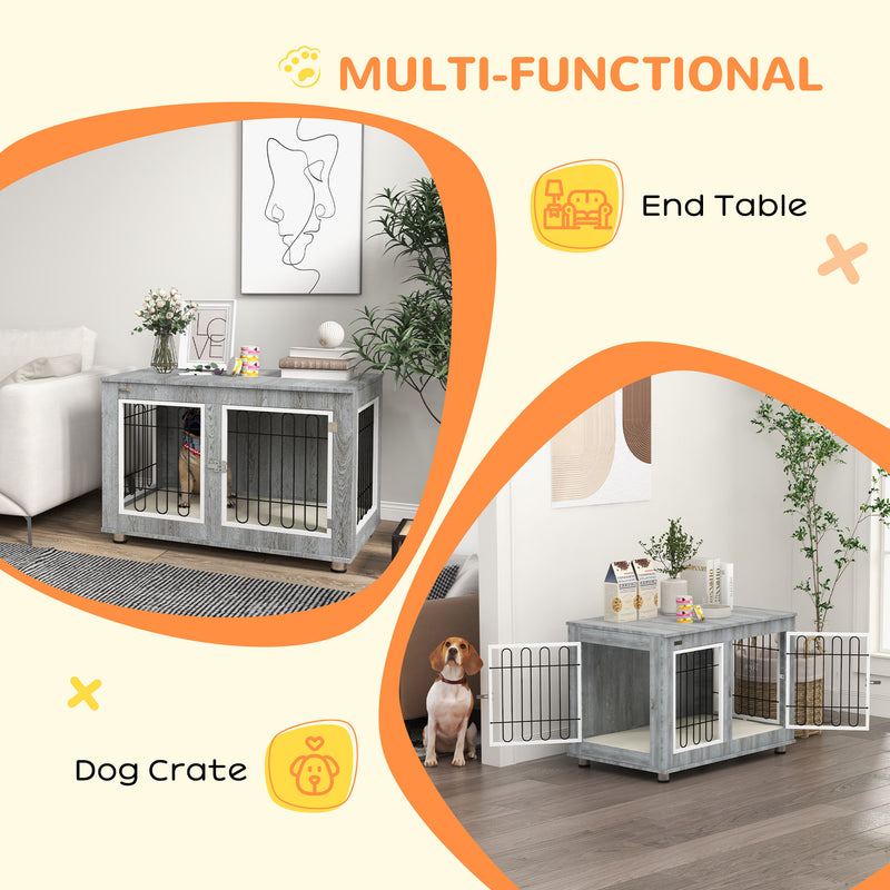 Dog Crate Side Table for Medium and Large Dogs with Cushioned Base and Lockable Doors Grey