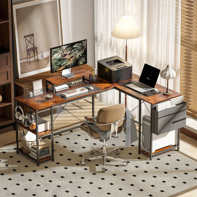 Rustic Brown L Shaped Corner Computer Desk with Adjustable Shelf and Storage by HOMCOM