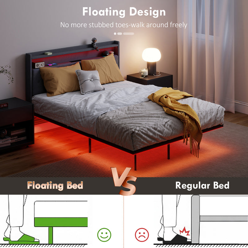 Double Floating Bed Frame with LED Lights, Charging Ports and Storage Shelves, Grey Homcom