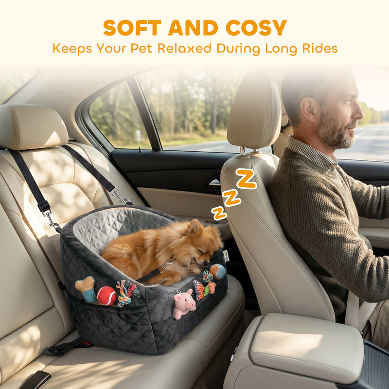Dog Car Seat for Small Pets with Washable Cover and Adjustable Leash Grey