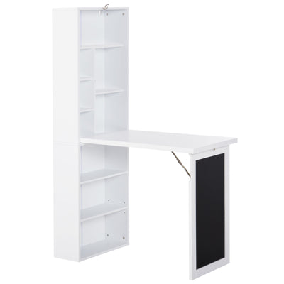 Wall Mounted Folding Computer Desk with Blackboard and Shelf for Home Office, White
