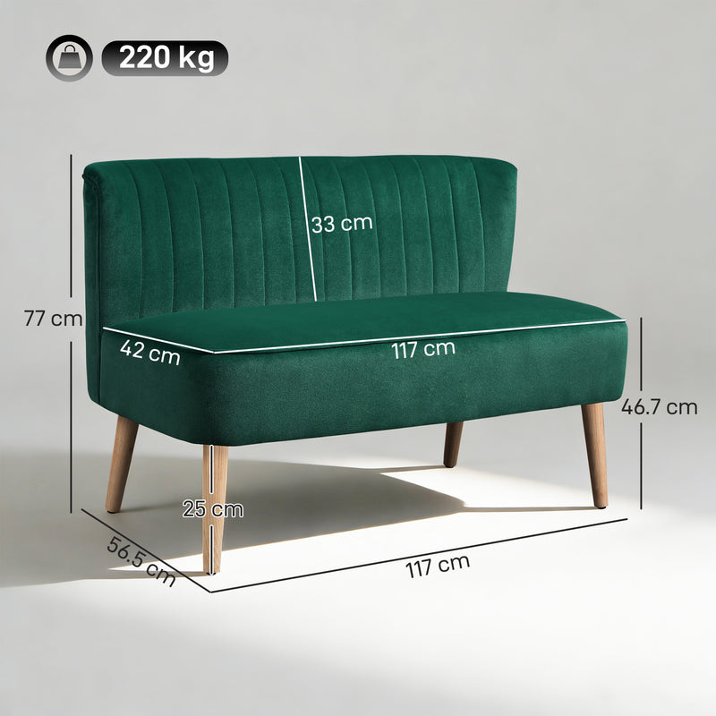 2 Seater Velvet Sofa for Small Spaces with Deep Foam Cushions Dark Green AOSOM