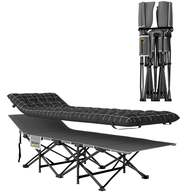 Folding Camping Bed with Thick Mattress and Head Support for Comfortable Outdoor Sleep Black