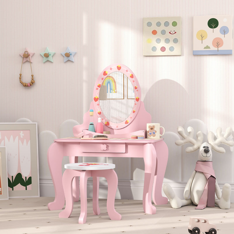 Pink Kids Dressing Table Set With Stool Mirror and Storage Strawberry Theme by AIYAPLAY
