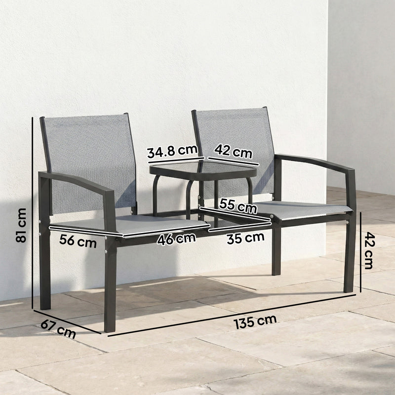 2 Seater Garden Bench With Built in Table and Breathable Mesh Seats Grey Black Outsunny