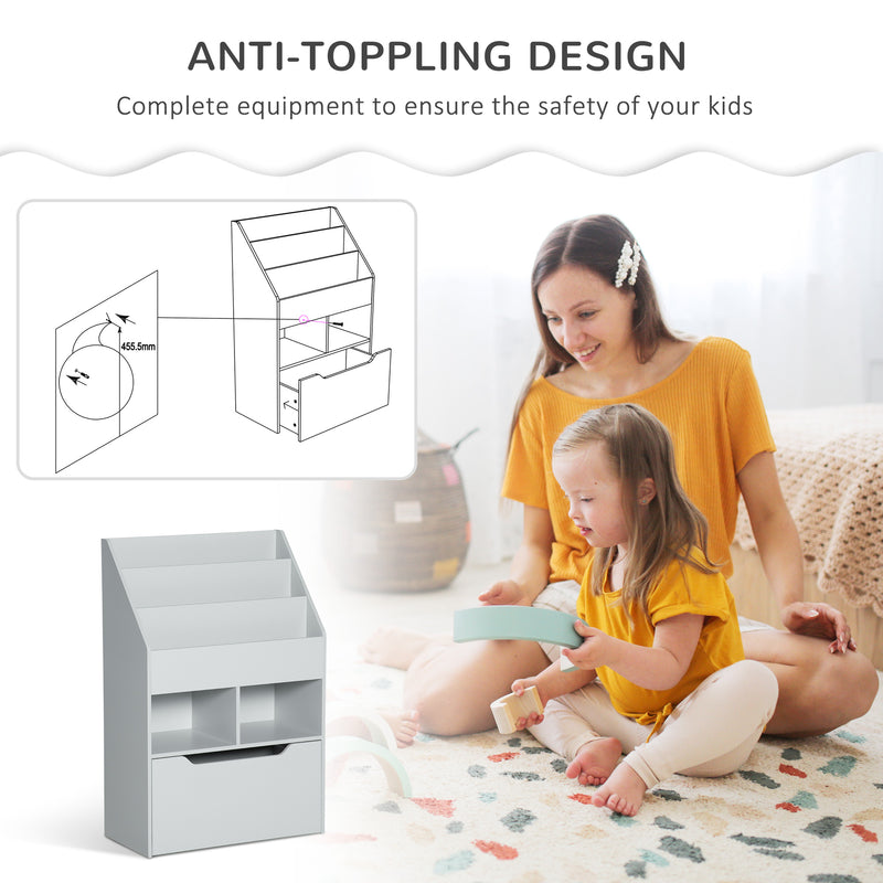 Kids Bookshelf and Toy Organiser with Storage Drawer and Wheels for Playroom, Grey
