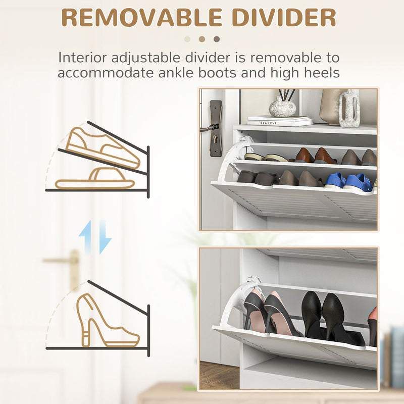 White Narrow Shoe Cabinet with 2 Flip Drawers and Adjustable Shelves for 16 Pairs by HOMCOM