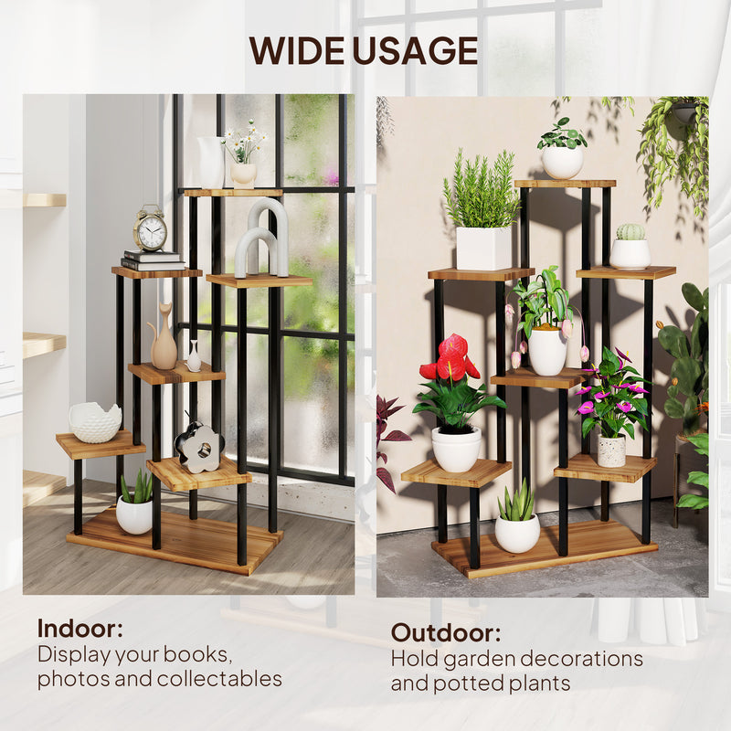 7 Tier Tall Plant Stand for Indoor and Outdoor Use Carbonised Wood and Steel by Outsunny