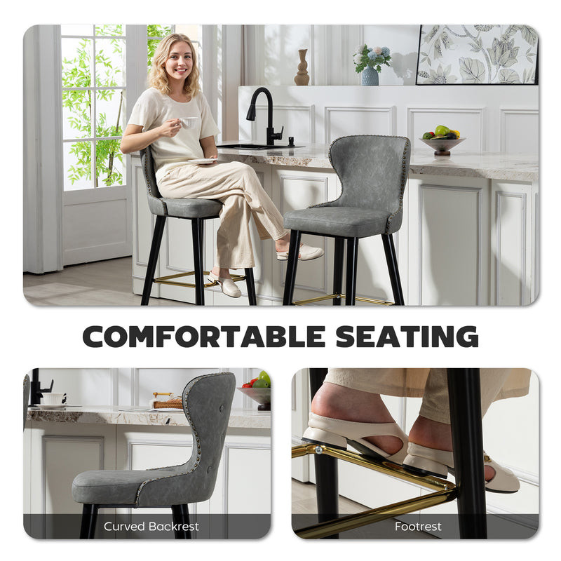 Set of 2 PU Leather Bar Stools with Backrest and Footrest for Kitchen or Breakfast Bar Grey