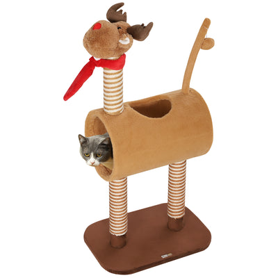 Brown 98cm Deer Designed Cat Tree with Scratching Posts Toy Ball and Tunnel by PawHut