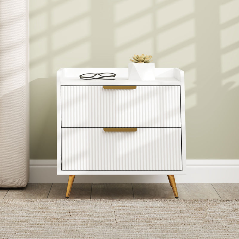White Elegant Two Drawer Bedside Table for With Gold Legs and Handles by HOMCOM