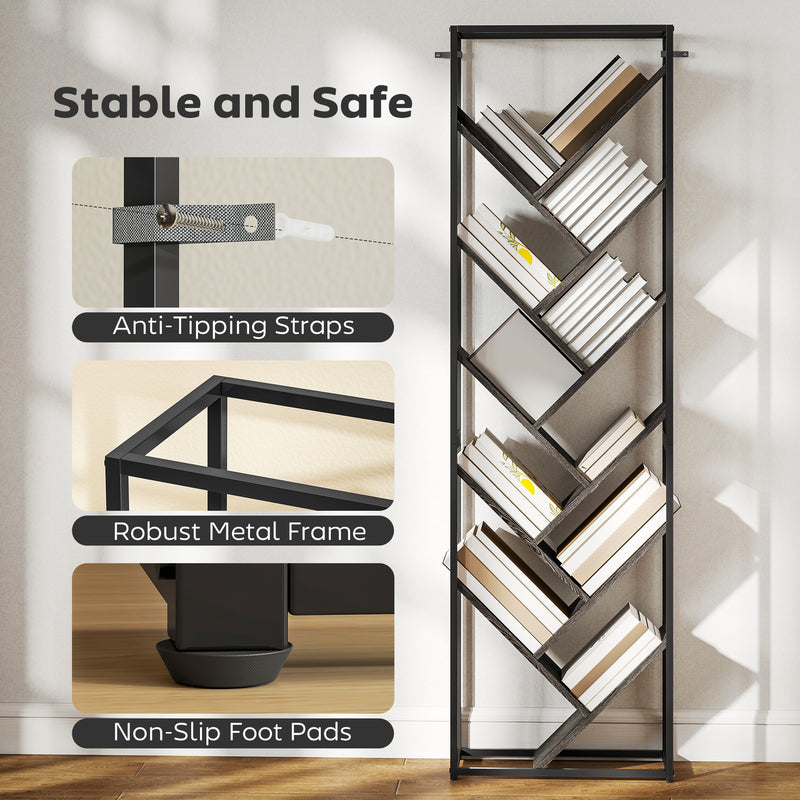 Modern Bookcase For Home Office Organisation - 10 Tiers - Black Metal Frame With Angled Grey Shelves Homcom
