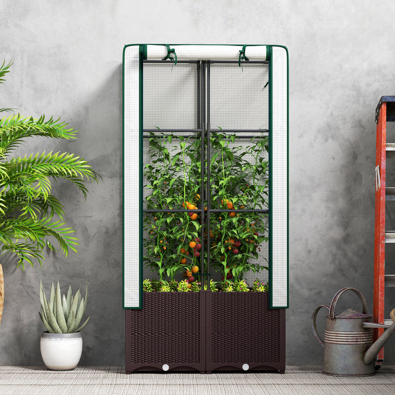 Raised Garden Bed with Trellis Plastic Planter Box with Drainage for Climbing Plants by Outsunny