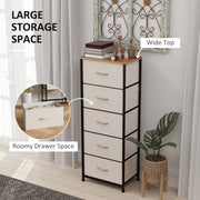 Cream White Fabric Chest of Drawers with 5 Storage Drawers and Wooden Top by HOMCOM